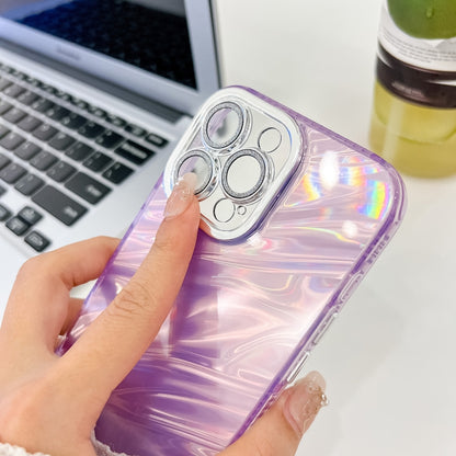 For iPhone 16 Pro Max Plating Glitter Texture TPU Phone Case with Lens Film(Purple Feathers) - iPhone 16 Pro Max Cases by buy2fix | Online Shopping UK | buy2fix