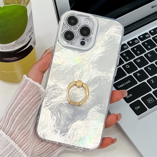 For iPhone 16 Pro Max Plating Glitter Texture Ring Holder TPU Phone Case with Lens Film(White Tinfoil Texture) - More iPhone Cases by buy2fix | Online Shopping UK | buy2fix