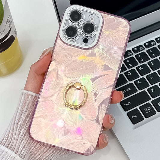 For iPhone 16 Pro Max Plating Glitter Texture Ring Holder TPU Phone Case with Lens Film(Pink Feathers) - More iPhone Cases by buy2fix | Online Shopping UK | buy2fix