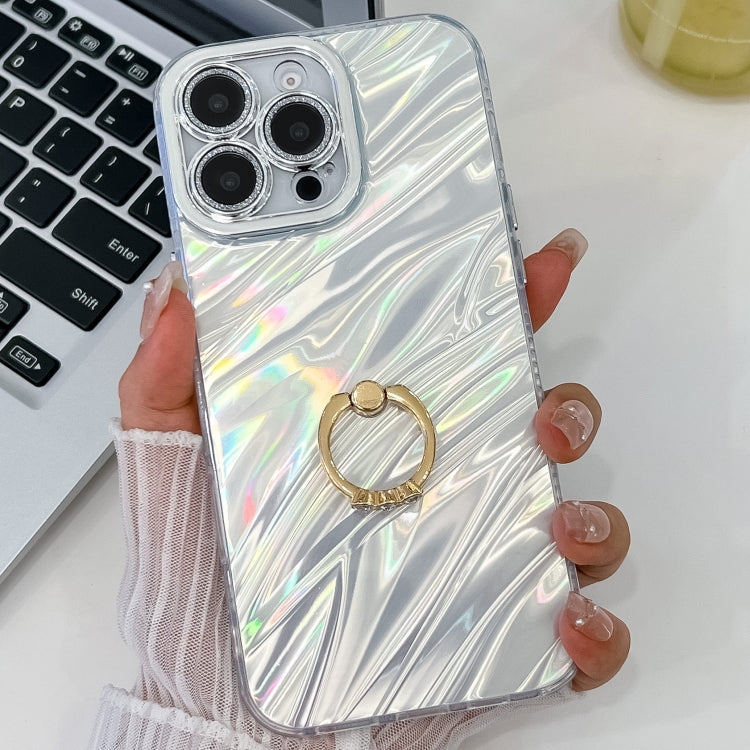 For iPhone 16 Pro Plating Glitter Texture Ring Holder TPU Phone Case with Lens Film(White Water Ripples) - iPhone 16 Pro Cases by buy2fix | Online Shopping UK | buy2fix