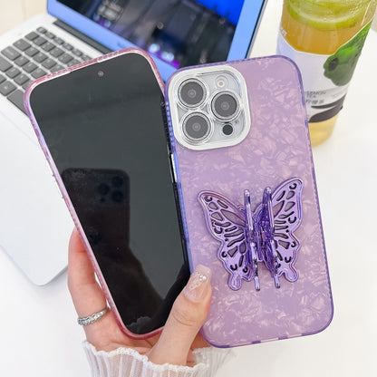 For iPhone 16 Pro Max Plating Glitter Texture Butterfly Holder TPU Phone Case with Lens Film(Purple Feather Yarn) - iPhone 16 Pro Max Cases by buy2fix | Online Shopping UK | buy2fix