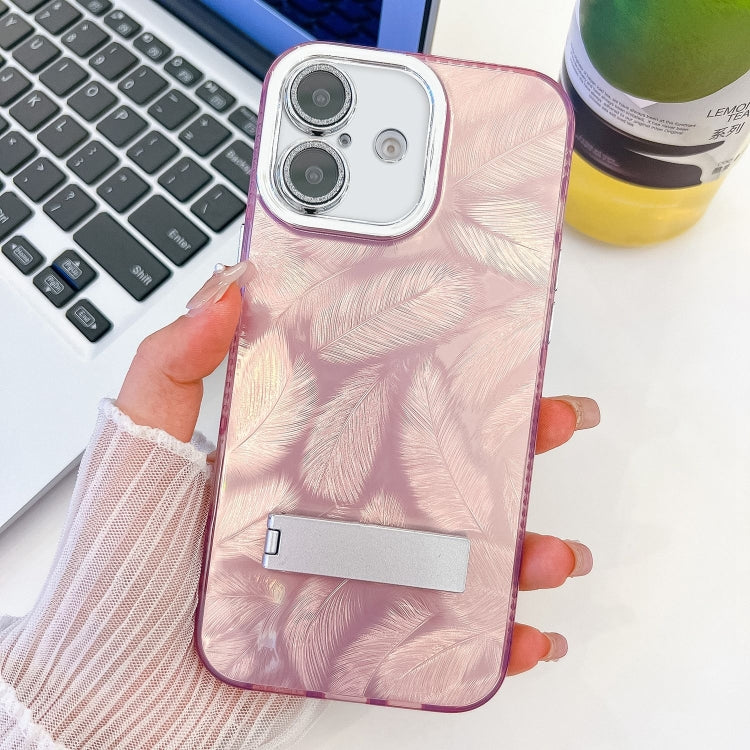 For iPhone 16 Plus Plating Glitter Texture Fold Holder TPU Phone Case with Lens Film(Pink Feathers) - iPhone 16 Plus Cases by buy2fix | Online Shopping UK | buy2fix