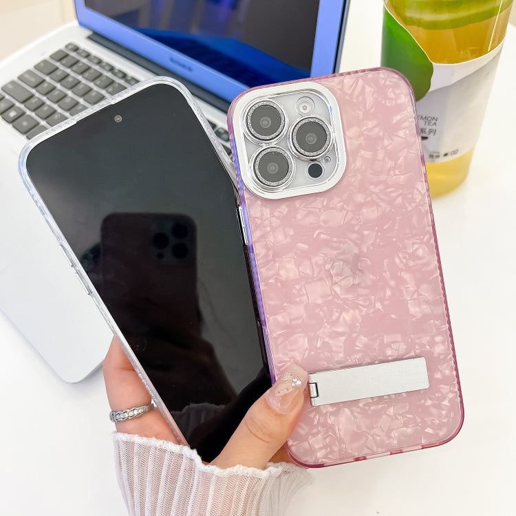 For iPhone 16 Plus Plating Glitter Texture Fold Holder TPU Phone Case with Lens Film(White Shell Pattern) - iPhone 16 Plus Cases by buy2fix | Online Shopping UK | buy2fix