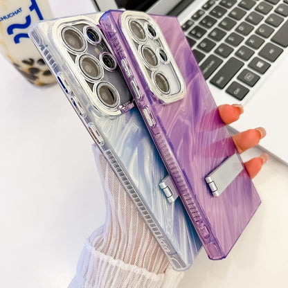 For Samsung Galaxy S25 5G Plating Glitter Texture Fold Holder TPU Phone Case with Lens Film(Purple Wrinkles) - Galaxy S25 5G Cases by buy2fix | Online Shopping UK | buy2fix