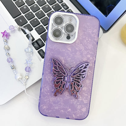 For iPhone 16 Pro Max Plating Glitter Lens Film Texture Butterfly Holder Wristband Phone Case(Purple Shell Pattern) - iPhone 16 Pro Max Cases by buy2fix | Online Shopping UK | buy2fix