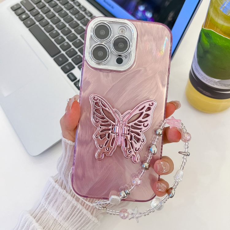 For iPhone 16 Pro Plating Glitter Lens Film Texture Butterfly Holder Wristband Phone Case(Pink Feather Yarn) - iPhone 16 Pro Cases by buy2fix | Online Shopping UK | buy2fix