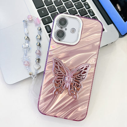 For iPhone 16 Plating Glitter Lens Film Texture Butterfly Holder Wristband Phone Case(Pink Water Ripples) - iPhone 16 Cases by buy2fix | Online Shopping UK | buy2fix