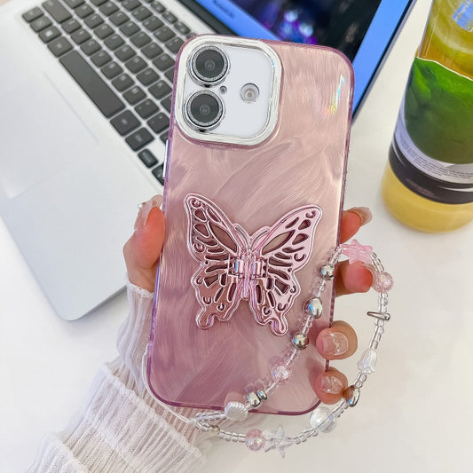 For iPhone 16 Plating Glitter Lens Film Texture Butterfly Holder Wristband Phone Case(Pink Feather Yarn) - iPhone 16 Cases by buy2fix | Online Shopping UK | buy2fix