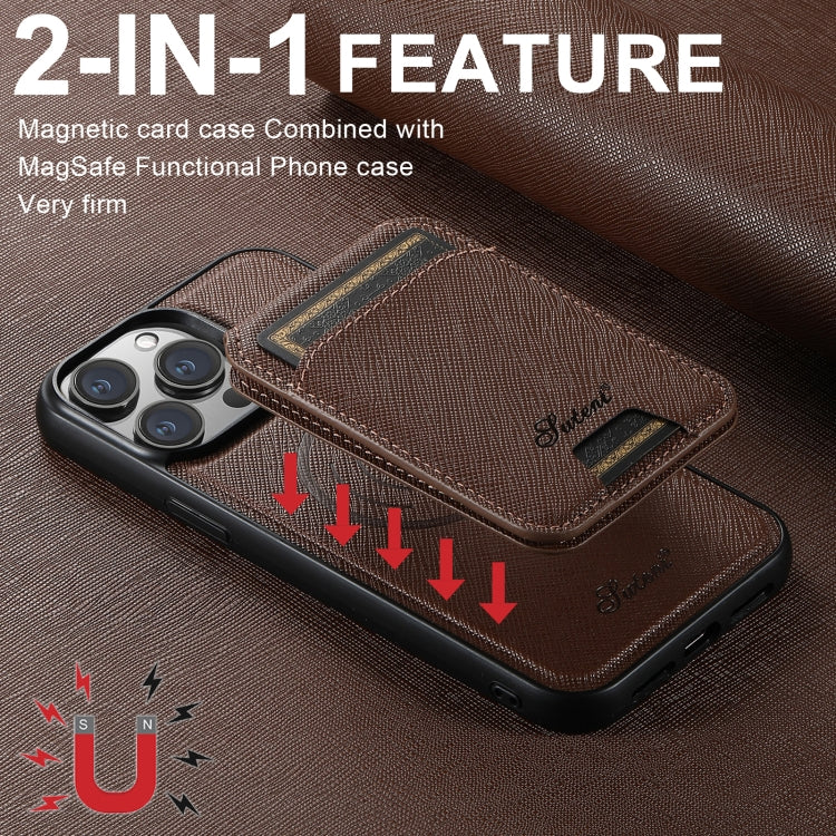 For iPhone 13 Pro Suteni H18 Cross Grain MagSafe Wallet Leather Phone Case(Brown) - iPhone 13 Pro Cases by Suteni | Online Shopping UK | buy2fix