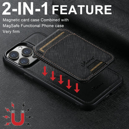 For iPhone 13 Suteni H18 Cross Grain MagSafe Wallet Leather Phone Case(Black) - iPhone 13 Cases by Suteni | Online Shopping UK | buy2fix