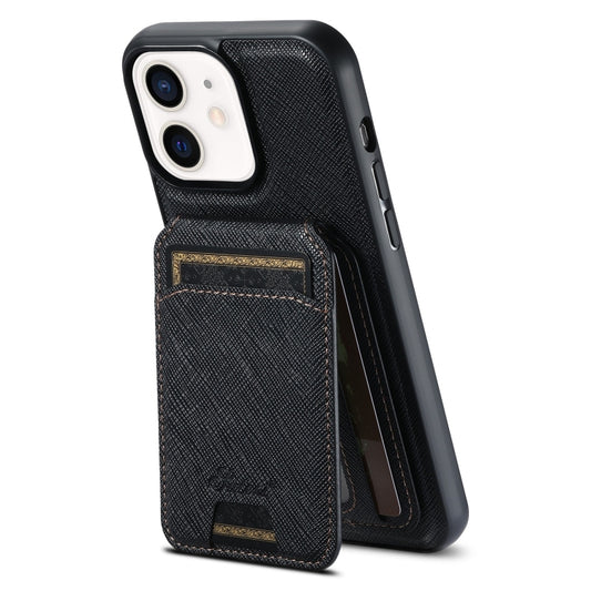 For iPhone 12 Suteni H18 Cross Grain MagSafe Wallet Leather Phone Case(Black) - iPhone 12 / 12 Pro Cases by Suteni | Online Shopping UK | buy2fix