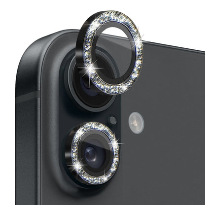 For iPhone 16 / 16 Plus NORTHJO Glitter Camera Lens Protector Tempered Glass Metal Ring Film(Black) - iPhone 16 Tempered Glass by NORTHJO | Online Shopping UK | buy2fix