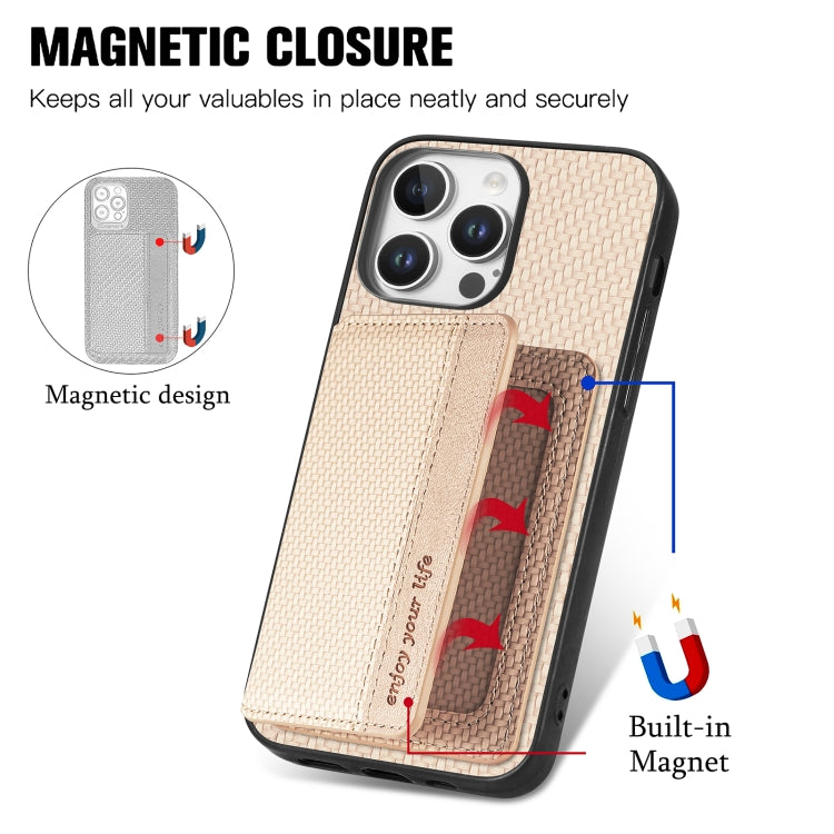 For iPhone 16 Pro Carbon Fiber Magnetic Card Wallet RFID Blocking Phone Case(Khaki) - iPhone 16 Pro Cases by buy2fix | Online Shopping UK | buy2fix