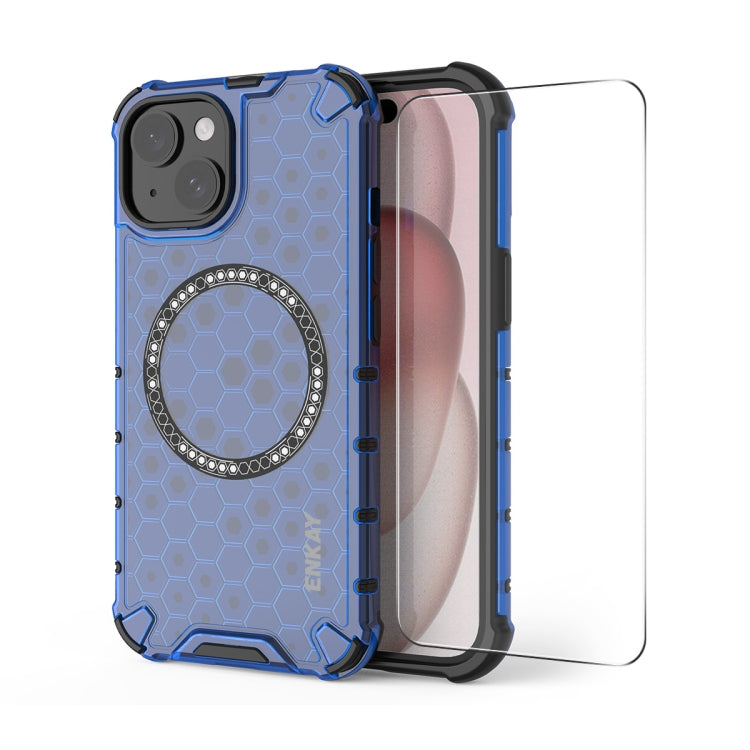 For iPhone 15 Plus ENKAY Hat-Prince Honeycomb MagSafe Shockproof Phone Case with Large Arc Edge Film(Blue) - iPhone 15 Plus Cases by ENKAY | Online Shopping UK | buy2fix