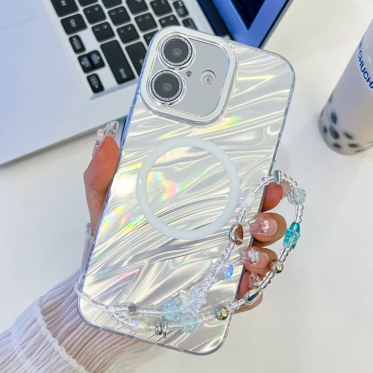 For iPhone 16 Plating Texture Wristband MagSafe TPU Phone Case with Glitter Lens Film(White Water Ripples) - iPhone 16 Cases by buy2fix | Online Shopping UK | buy2fix