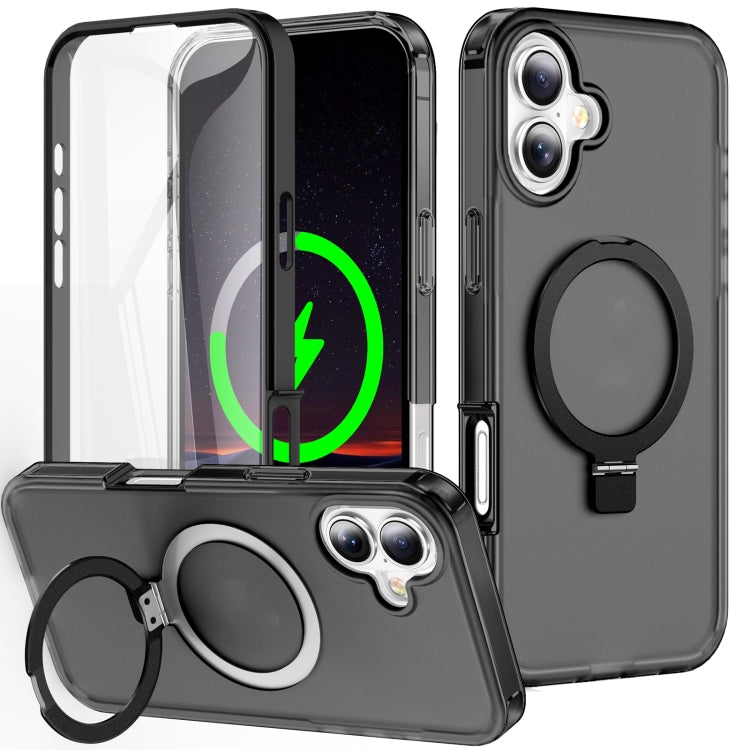 For iPhone 16 Frosted Skin Feel MagSafe Holder 360 Full Body Phone Case(Black) - iPhone 16 Cases by buy2fix | Online Shopping UK | buy2fix