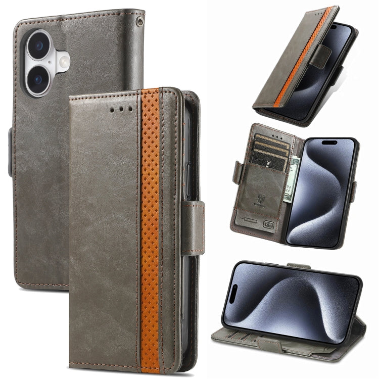 For iPhone 16 Plus CaseNeo Splicing Dual Magnetic Buckle Leather Phone Case(Gray) - iPhone 16 Plus Cases by buy2fix | Online Shopping UK | buy2fix