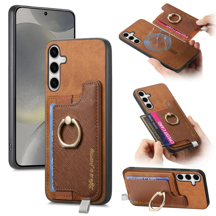 For Samsung Galaxy S25 5G Retro Cross Leather Ring Horizontal Insert Card Bag MagSafe Phone Case(Brown) - Galaxy S25 5G Cases by buy2fix | Online Shopping UK | buy2fix