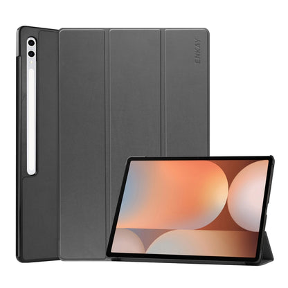 For Samsung Galaxy Tab S10 Ultra / S9 Ultra ENKAY Tri-fold Custer Texture Plastic Leather Smart Tablet Case with Pen Slot(Grey) - Galaxy Tab S9 Ultra Cases by ENKAY | Online Shopping UK | buy2fix