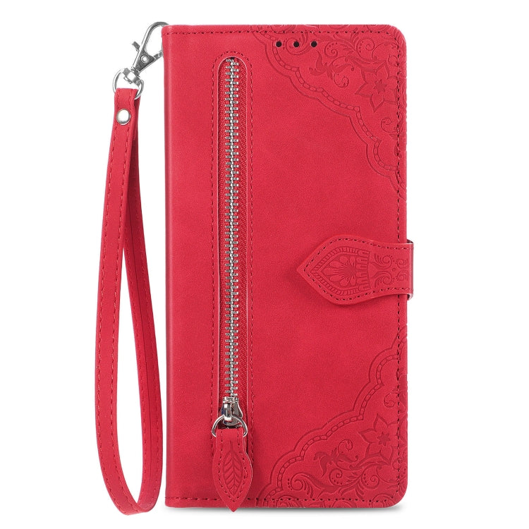 For Samsung Galaxy S25 5G Embossed Flower Zipper Leather Phone Case(Red) - Galaxy S25 5G Cases by buy2fix | Online Shopping UK | buy2fix