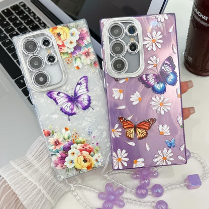 For Samsung Galaxy S25 5G Plating Texture Butterfly Wristband TPU Phone Case with Glitter Lens Film(Silver Butterflies HU6) - Galaxy S25 5G Cases by buy2fix | Online Shopping UK | buy2fix