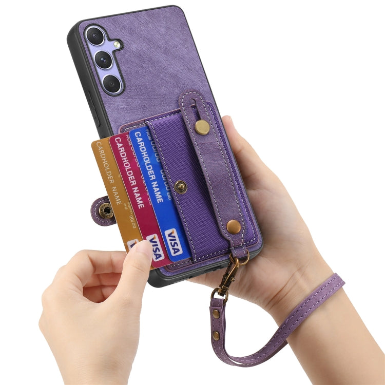 For Samsung Galaxy S25+ 5G Retro Cross Wristband Wallet Leather Back Phone Case(Purple) - Galaxy S25+ 5G Cases by buy2fix | Online Shopping UK | buy2fix