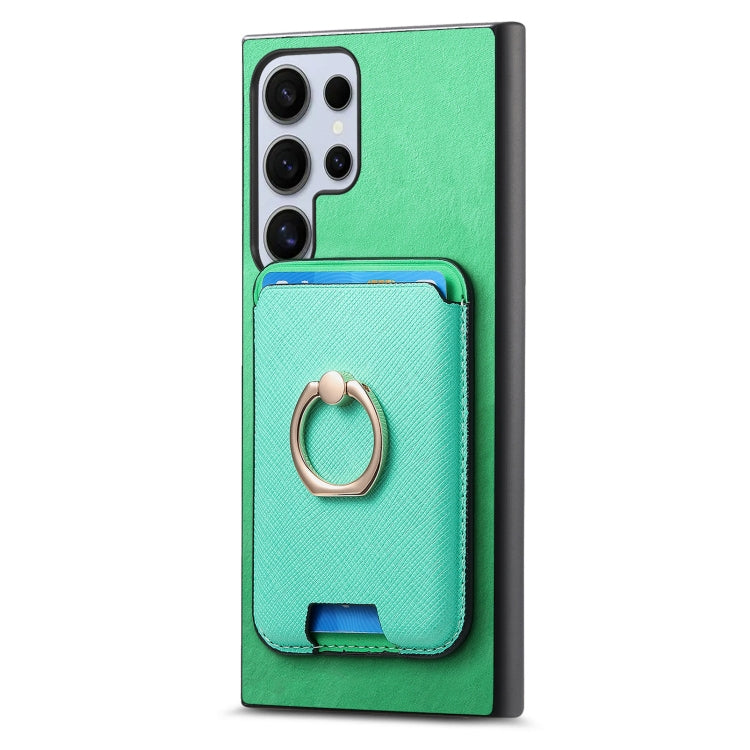 For Samsung Galaxy S25 Ultra 5G Retro Cross Leather Ring Vertical Insert Card Bag MagSafe Phone Case(Green) - Galaxy S25 Ultra 5G Cases by buy2fix | Online Shopping UK | buy2fix