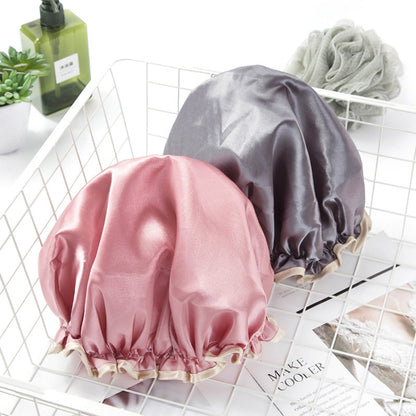 Lovely Thick Women Satin Colorful Double Waterproof Hair Cover Bathing Cap(Grey) - Bath Supplies by buy2fix | Online Shopping UK | buy2fix