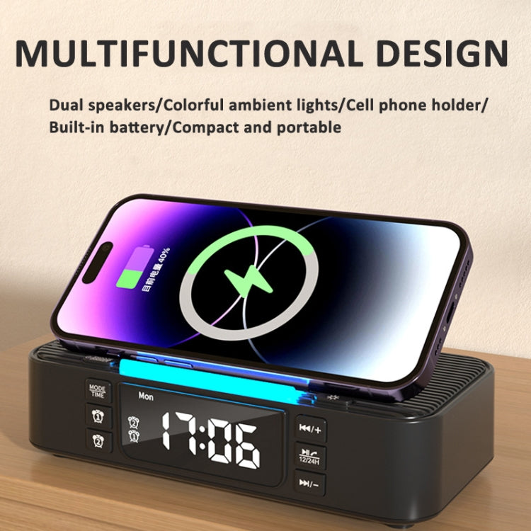 Digital Alarm Clock Wireless Charger Bluetooth Speaker RGB Night Light Cell Phone Stand(Black) - Desktop Speaker by buy2fix | Online Shopping UK | buy2fix