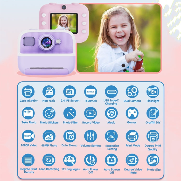 M8 2.4-Inch 1080P HD 2400W Pixel Dual-Camera Children Thermal Printing Camera, Color: Pink+32GB - Children Cameras by buy2fix | Online Shopping UK | buy2fix