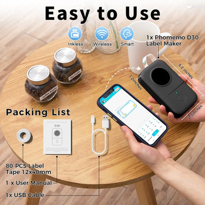 Phomemo D30 Thermal Label Printer Portable Bluetooth Mini Label Maker Machine With 1 Roll Paper Black - Printer by Phomemo | Online Shopping UK | buy2fix