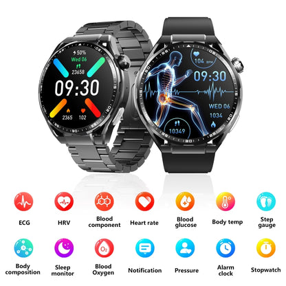 F200 Smart Health Watch ECG Electrocardiogram Blood Sugar Monitoring 1.55 Inch Round Screen, Color: Black 3-Beads Steel - Smart Watches by buy2fix | Online Shopping UK | buy2fix