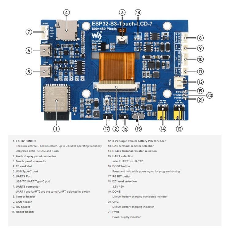 Waveshare ESP32-S3 7-Inch 800 X 480 Touch Display Development Board(27078) - LCD & LED Display Module by Waveshare | Online Shopping UK | buy2fix