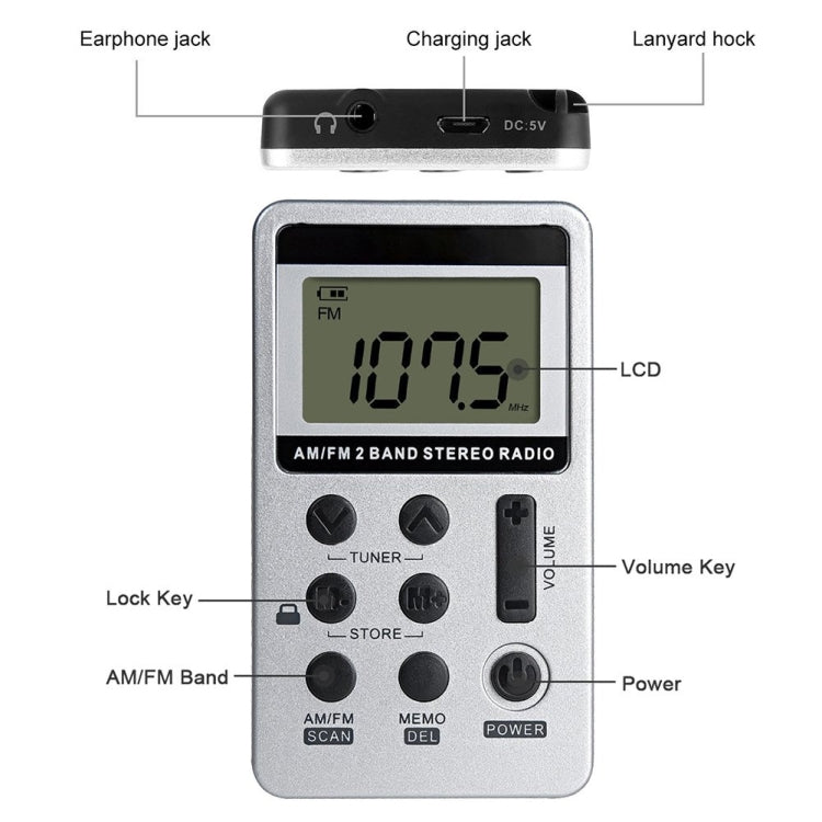 HRD-103 FM + AM Two Band Portable Radio with Lanyard & Headset(Silver) - Consumer Electronics by buy2fix | Online Shopping UK | buy2fix