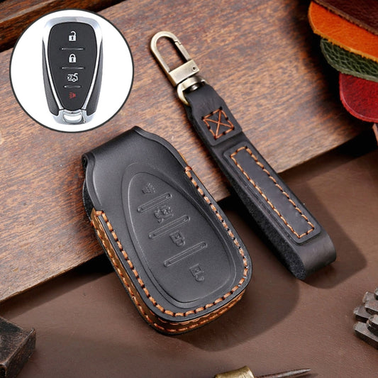 For Chevrolet 4-button Hallmo Car Cowhide Leather Key Protective Cover Key Case(Black) - In Car by Hallmo | Online Shopping UK | buy2fix
