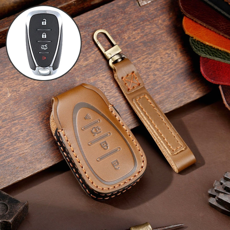 For Chevrolet 4-button Hallmo Car Cowhide Leather Key Protective Cover Key Case(Brown) - Car Key Cases by Hallmo | Online Shopping UK | buy2fix