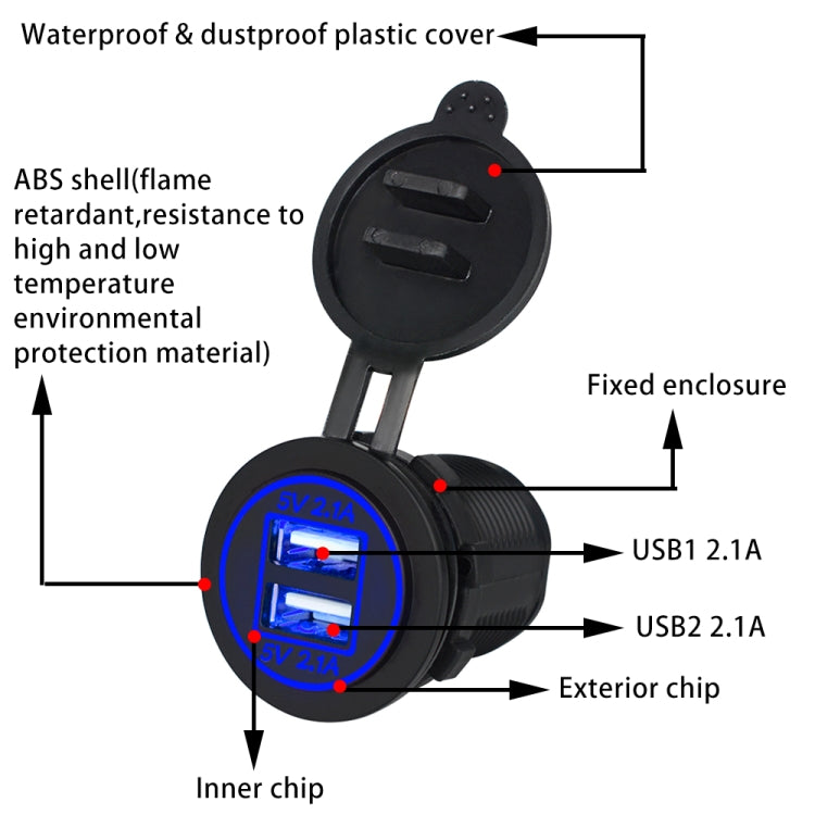 Universal Car Charger 2 Port Power Socket Power Dual USB Charger 5V 4.2A IP66 with Aperture(Blue Light) - In Car by buy2fix | Online Shopping UK | buy2fix