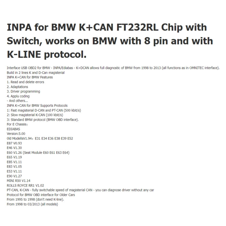 INPA K+CAN with Switch USB Interface Cable for BMW (Blue) - Cables & Connectors by buy2fix | Online Shopping UK | buy2fix