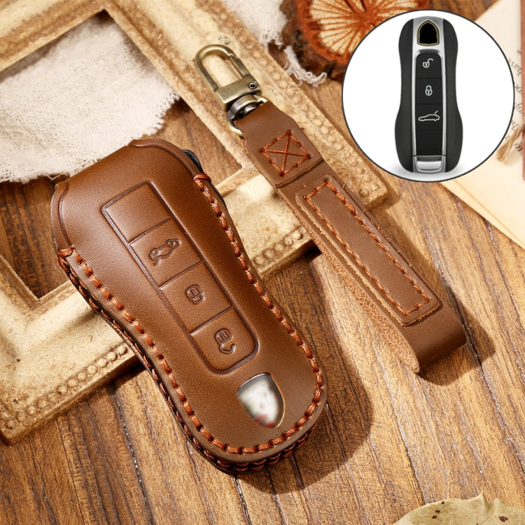 Hallmo Car Cowhide Leather Key Protective Cover Key Case for Porsche Macan 718 2021 B Style(Brown) -  by Hallmo | Online Shopping UK | buy2fix
