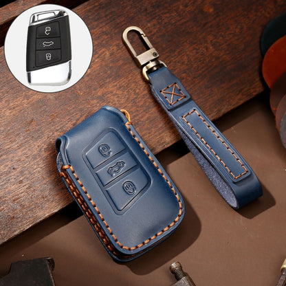 Hallmo Car Cowhide Leather Key Protective Cover Key Case for Volkswagen Lavida A Style(Blue) - Car Key Cases by Hallmo | Online Shopping UK | buy2fix