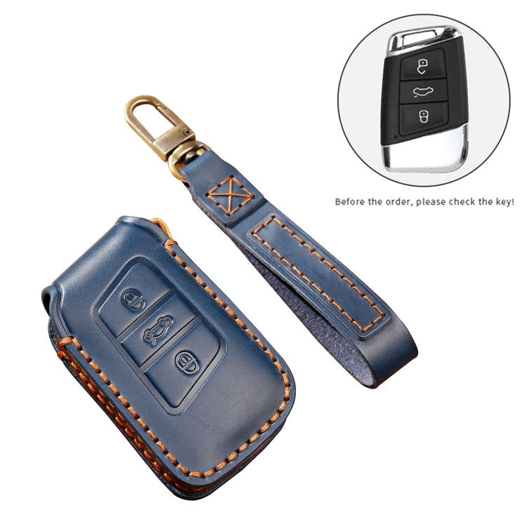 Hallmo Car Cowhide Leather Key Protective Cover Key Case for Volkswagen Lavida A Style(Blue) - Car Key Cases by Hallmo | Online Shopping UK | buy2fix