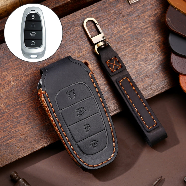 Hallmo Car Cowhide Leather Key Protective Cover Key Case for Hyundai 4-button Start(Black) - Car Key Cases by Hallmo | Online Shopping UK | buy2fix