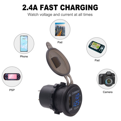 Universal Car Single Port USB Charger Power Outlet Adapter 2.4A 5V IP66 with LED Digital Voltmeter + Ammeter(Blue Light) - Car Charger by buy2fix | Online Shopping UK | buy2fix