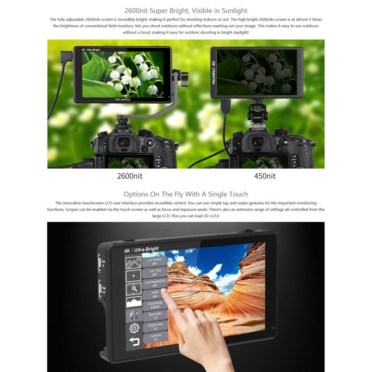 FEELWORLD LUT6 1920x1080 2600 nits 6 inch IPS Screen HDMI 4K Touch Control Camera Field Monitor - On-camera Monitors by FEELWORLD | Online Shopping UK | buy2fix