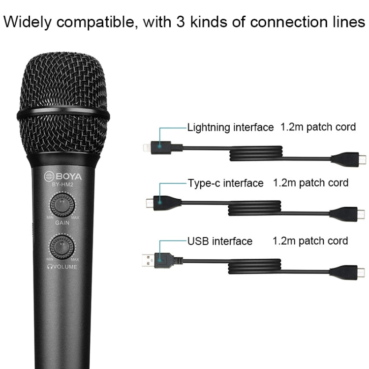 BOYA BY-HM2 Professional Handheld Condenser Microphone 3.5mm Headphone Port with 8 Pin / Type-C / USB Interface 1.2m Extension Cable & Holder - Consumer Electronics by BOYA | Online Shopping UK | buy2fix