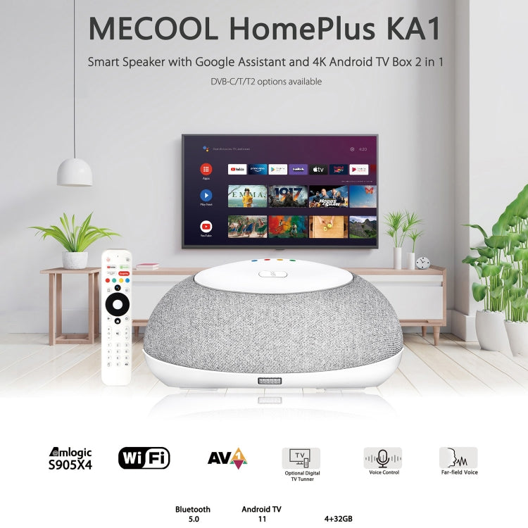 MECOOL KA1 Smart TV Speaker Android 11 TV Box with Remote Control, Amlogic S905X4 Quad Core Cortex-A55, 4GB+32GB, Dual-Band / Bluetooth / Ethernet / DVB-T/T2 / DVB-C(AU Plug) - Consumer Electronics by MECOOL | Online Shopping UK | buy2fix