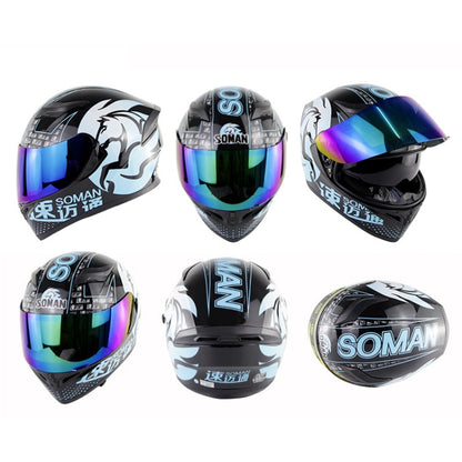 Soman SM-960 Motorcycle Electromobile Full Face Helmet Double Lens Protective Helmet(Blue with Blue Lens) -  by SOMAN | Online Shopping UK | buy2fix