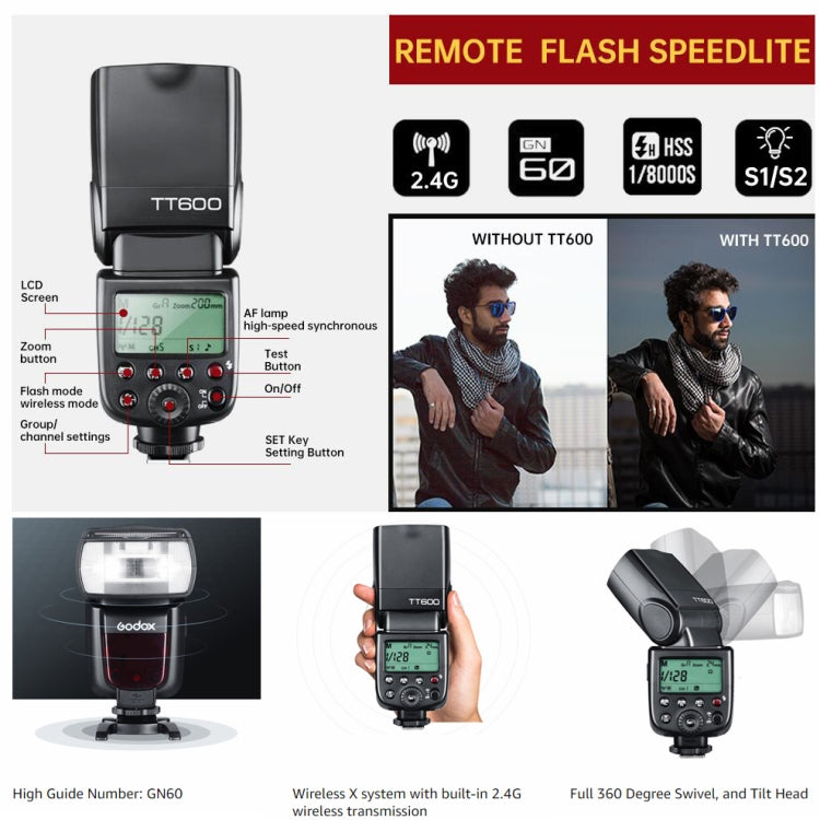 Godox TT600 2.4GHz Wireless 1/8000s HSS Flash Speedlite Camera Top Fill Light for Canon / Nikon DSLR Cameras(Black) - Camera Accessories by Godox | Online Shopping UK | buy2fix