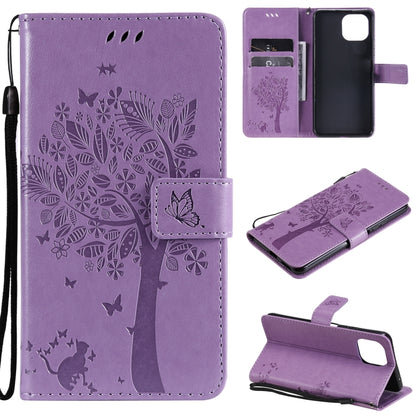 For Xiaomi Mi 11 Lite 5G Tree & Cat Pattern Pressed Printing Horizontal Flip PU Leather Case with Holder & Card Slots & Wallet & Lanyard(Light Purple) - Xiaomi Cases by Diaobaolee | Online Shopping UK | buy2fix