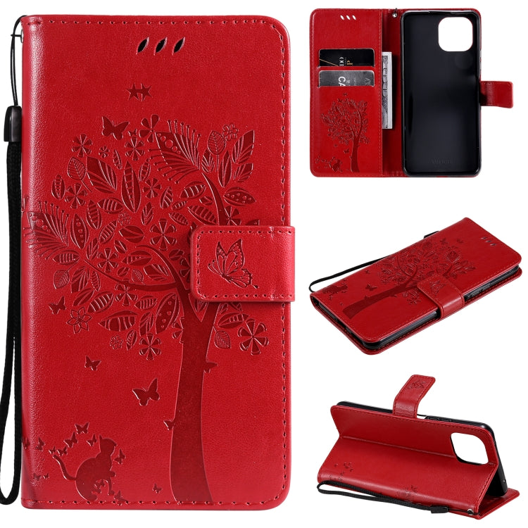 For Xiaomi Mi 11 Lite 5G Tree & Cat Pattern Pressed Printing Horizontal Flip PU Leather Case with Holder & Card Slots & Wallet & Lanyard(Red) - Xiaomi Cases by Diaobaolee | Online Shopping UK | buy2fix